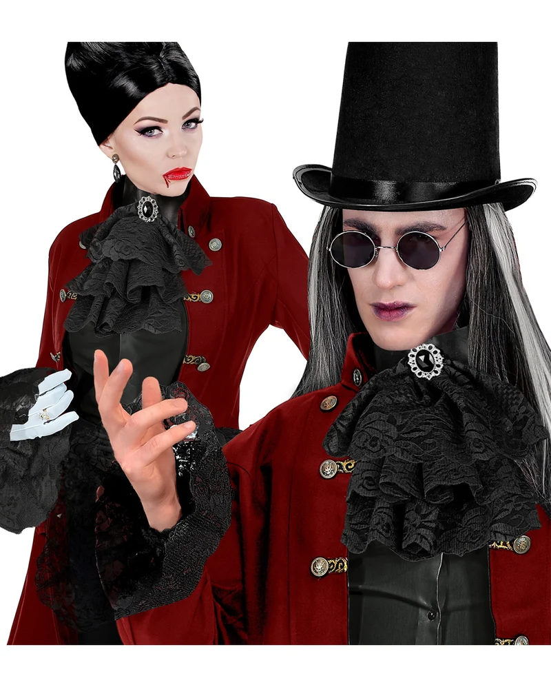 Schwarzer Jabot aus Spitze mit Edelstein & Manschetten