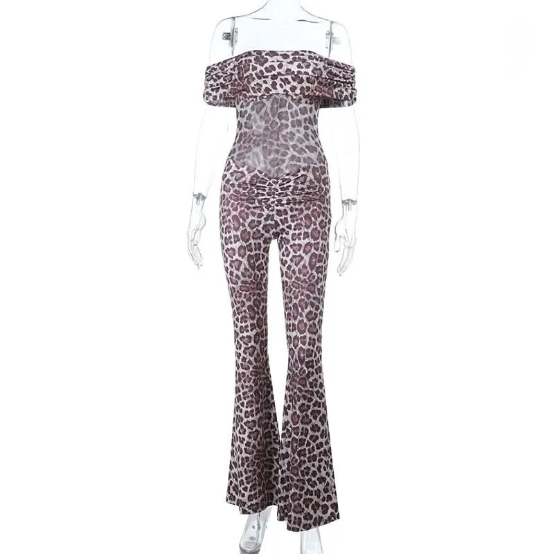 Leopard print off shoulder ruched jumpsuit