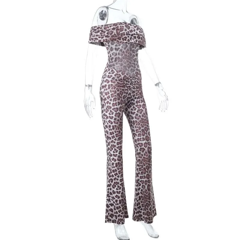 Leopard print off shoulder ruched jumpsuit