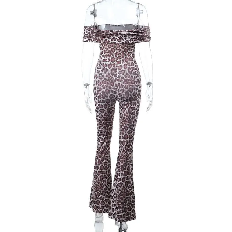Leopard print off shoulder ruched jumpsuit