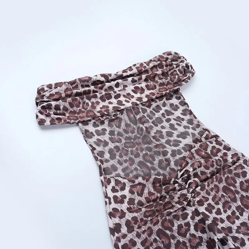 Leopard print off shoulder ruched jumpsuit