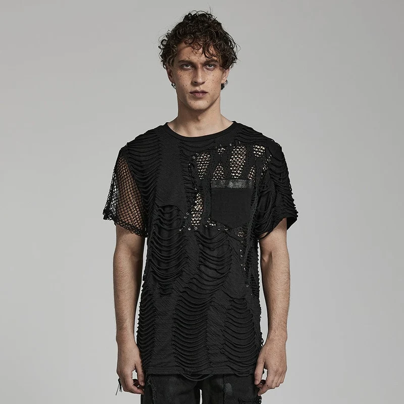 Herren Punk Ripped Mesh Splice T-Shirt