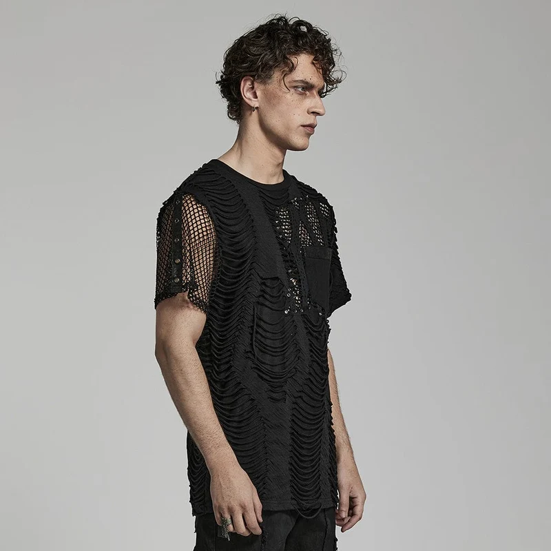 Herren Punk Ripped Mesh Splice T-Shirt