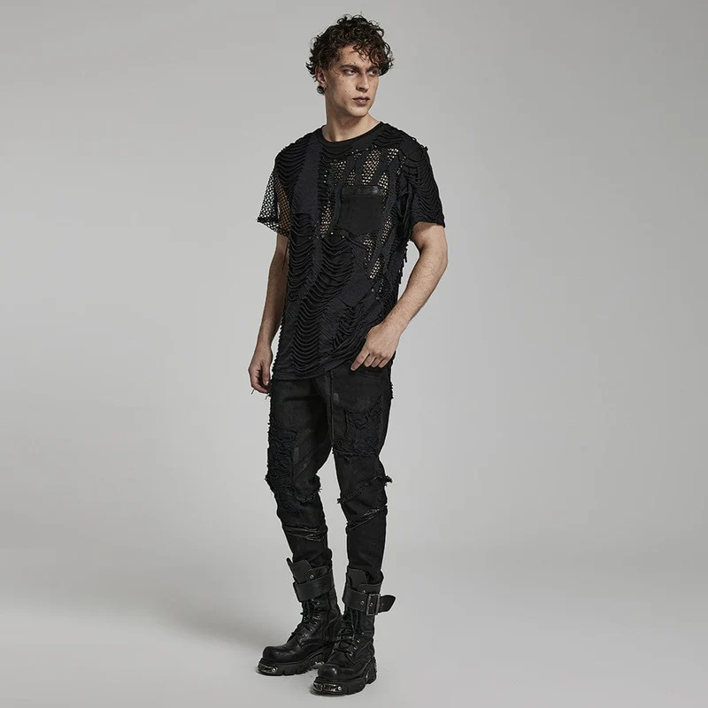 Herren Punk Ripped Mesh Splice T-Shirt