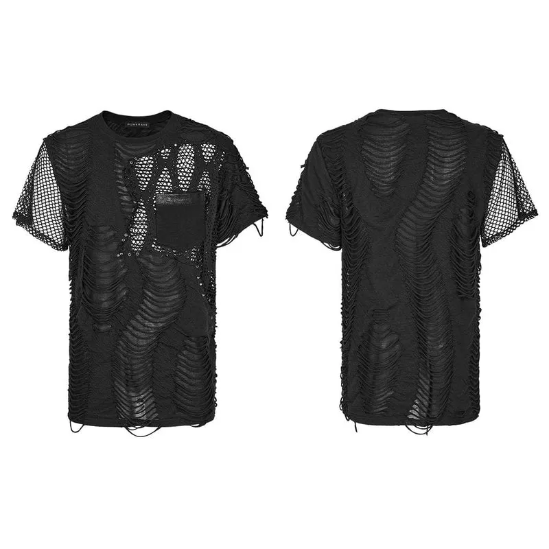 Herren Punk Ripped Mesh Splice T-Shirt