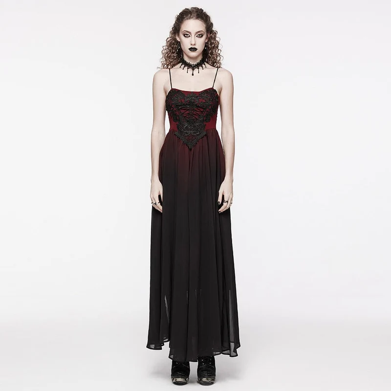 Damen-Hochzeitskleid mit rotem Farbverlauf und Gothic-Blumenstickerei