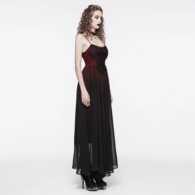 Damen-Hochzeitskleid mit rotem Farbverlauf und Gothic-Blumenstickerei