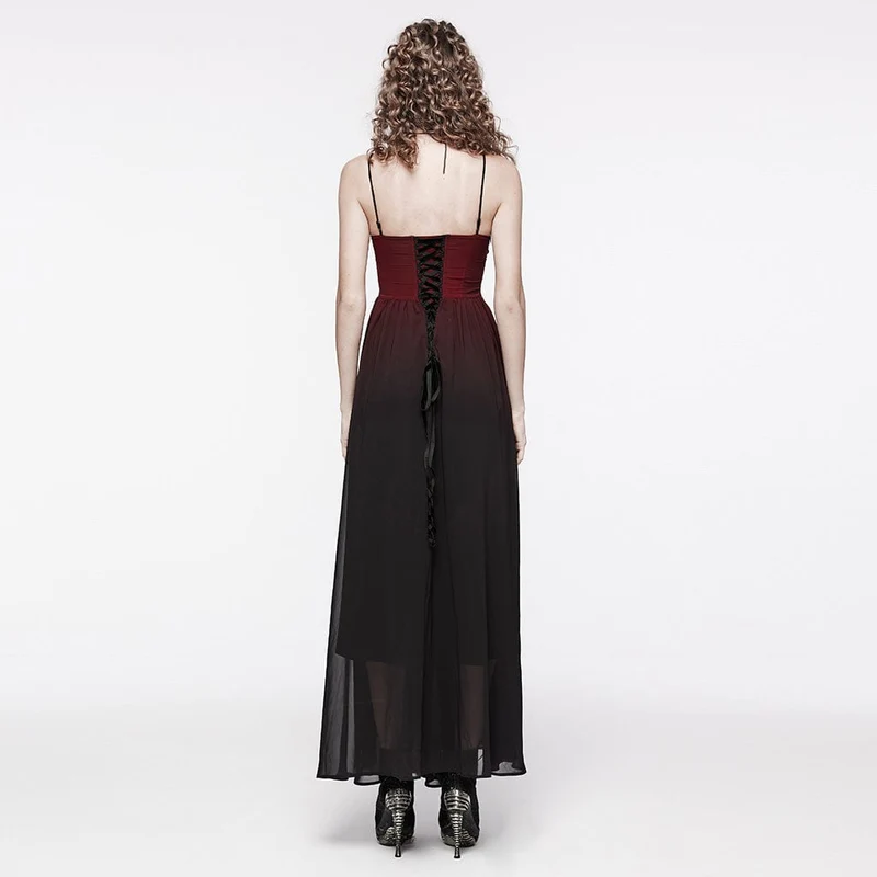 Damen-Hochzeitskleid mit rotem Farbverlauf und Gothic-Blumenstickerei