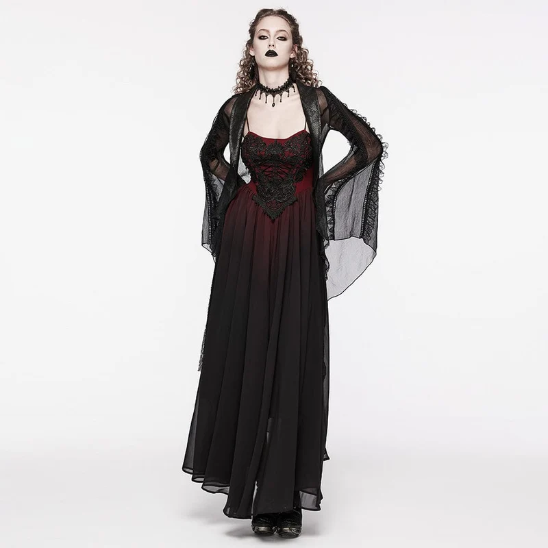 Damen-Hochzeitskleid mit rotem Farbverlauf und Gothic-Blumenstickerei