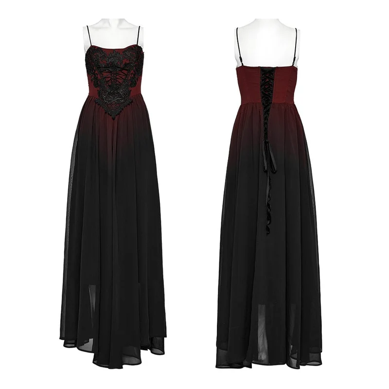 Damen-Hochzeitskleid mit rotem Farbverlauf und Gothic-Blumenstickerei
