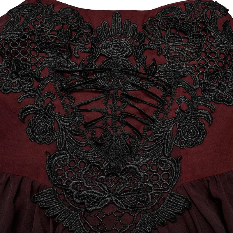Damen-Hochzeitskleid mit rotem Farbverlauf und Gothic-Blumenstickerei