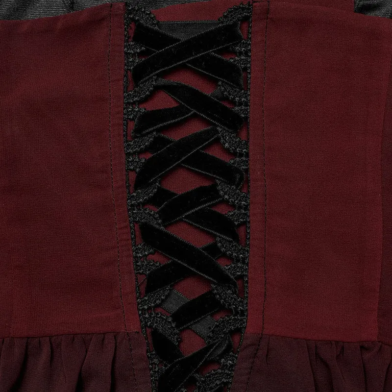 Damen-Hochzeitskleid mit rotem Farbverlauf und Gothic-Blumenstickerei