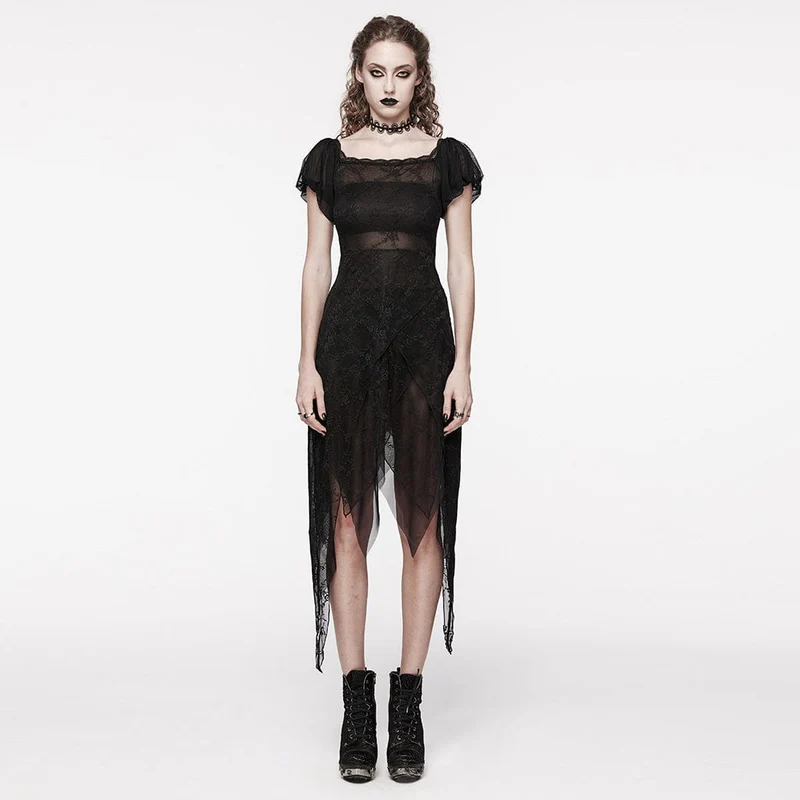 Damen-Gothic-Kleid mit unregelmäßigen Puffärmeln und Netzstoff