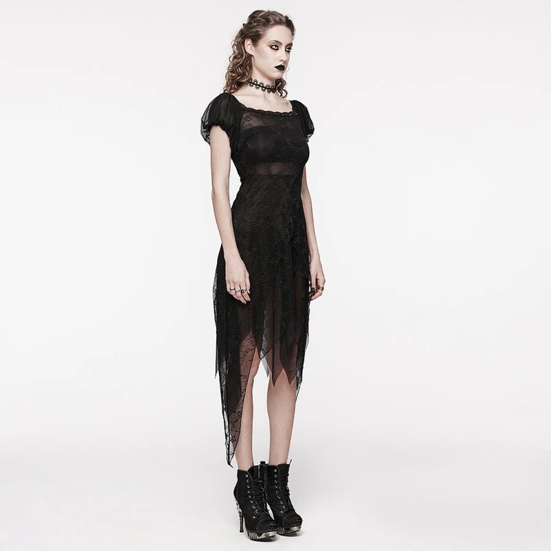 Damen-Gothic-Kleid mit unregelmäßigen Puffärmeln und Netzstoff
