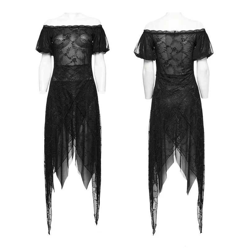 Damen-Gothic-Kleid mit unregelmäßigen Puffärmeln und Netzstoff