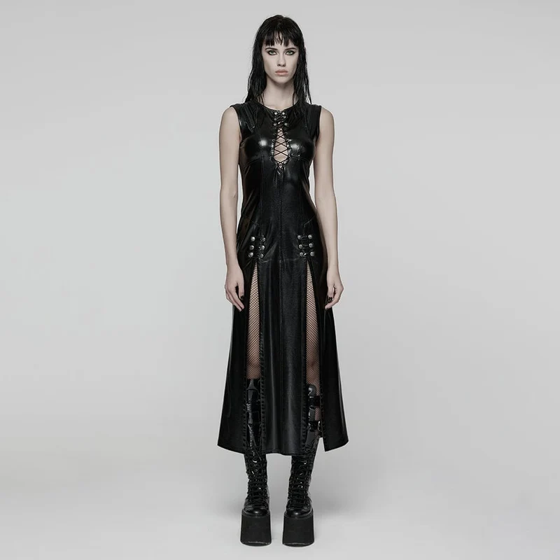 Damen-Punk-Kleid mit tiefem Schlitz und Schnürung
