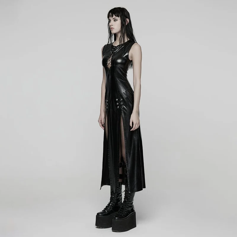 Damen-Punk-Kleid mit tiefem Schlitz und Schnürung