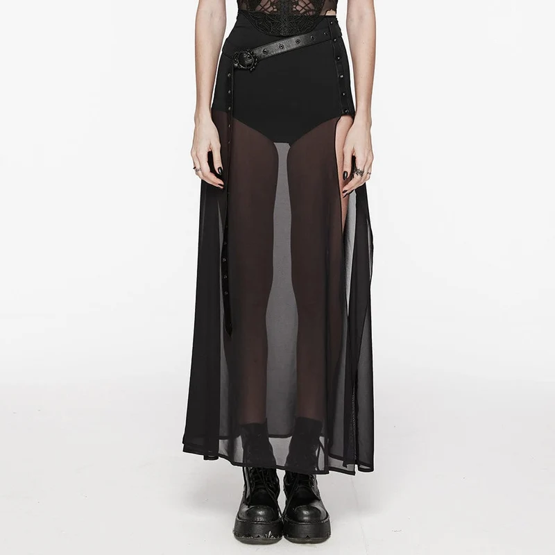Damen-Gothic-Rock aus Chiffon mit Nieten und Gürtel