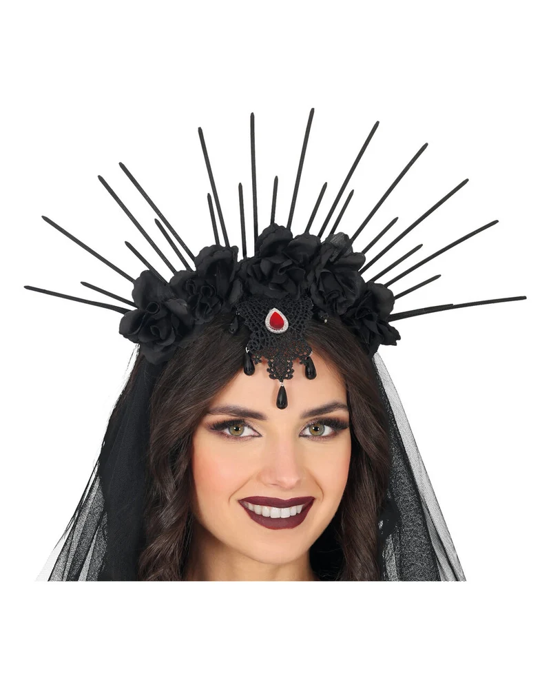 Gothic Haarreif mit schwarzen Blumen & Strahlen