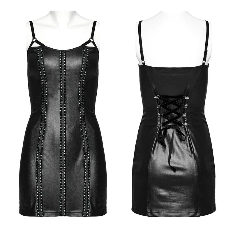 Damen Punk Nailed Lace-up Slip Dress Schwarz