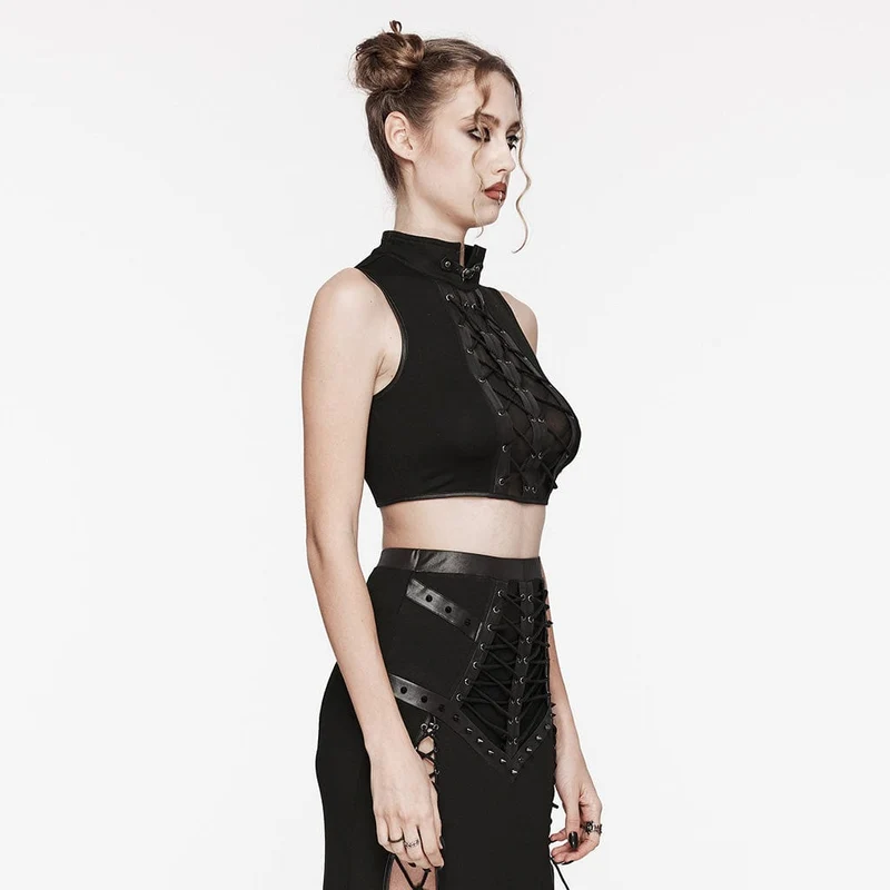 Damen Punk Stehkragen Mesh Splice Strappy Tank Top Schwarz