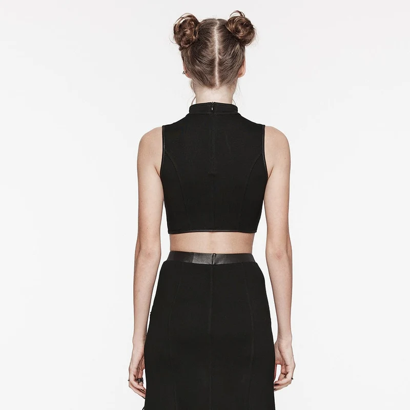 Damen Punk Stehkragen Mesh Splice Strappy Tank Top Schwarz