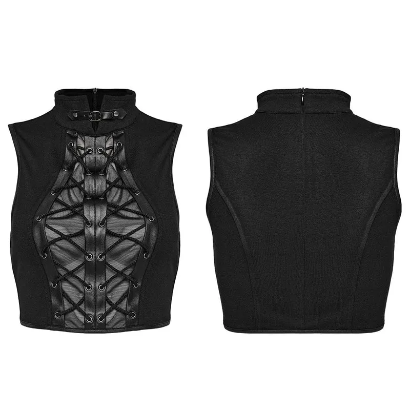 Damen Punk Stehkragen Mesh Splice Strappy Tank Top Schwarz