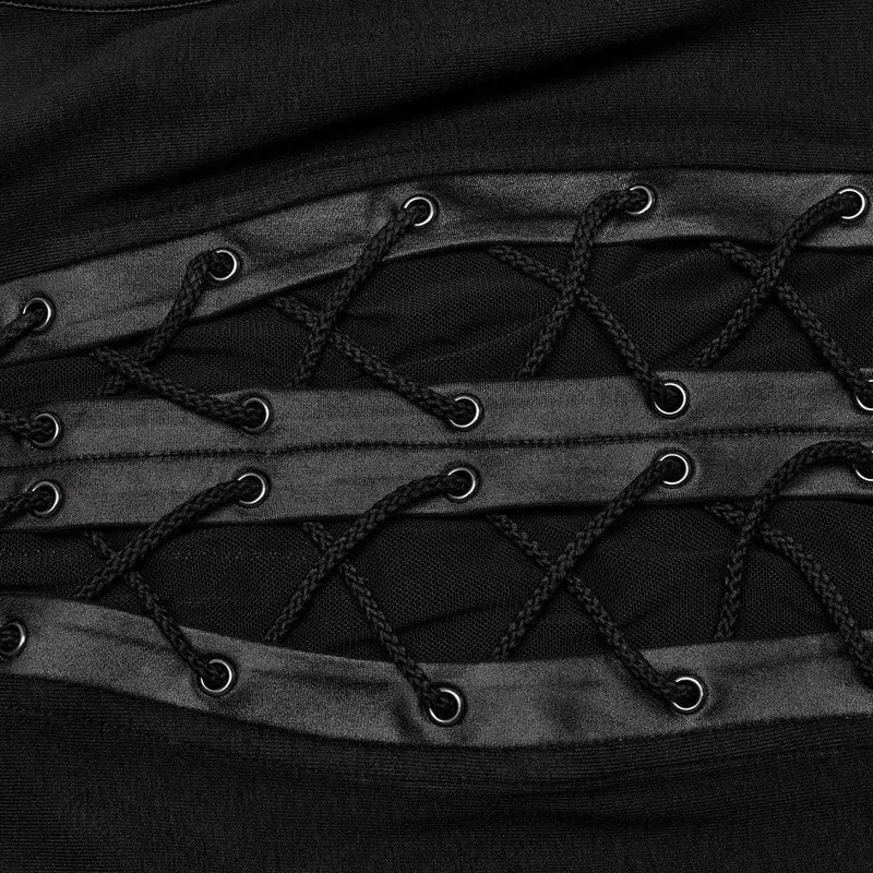 Damen Punk Stehkragen Mesh Splice Strappy Tank Top Schwarz