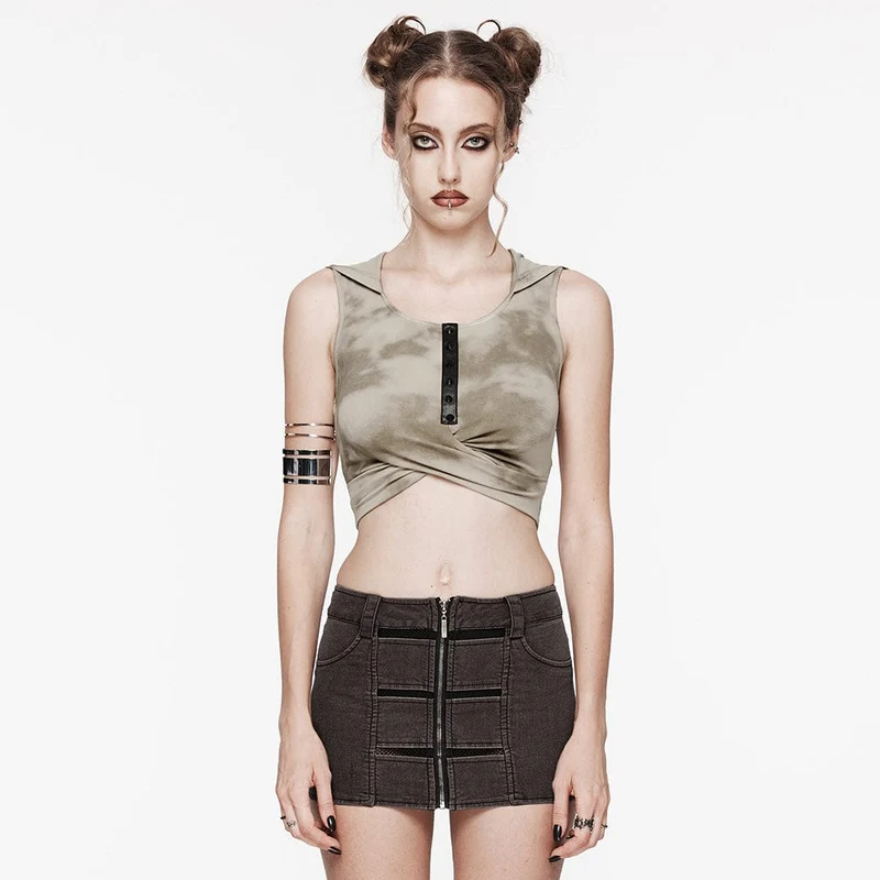Gekreuztes Batik-Tanktop mit Punk-Ausschnitt und Kapuze für Damen