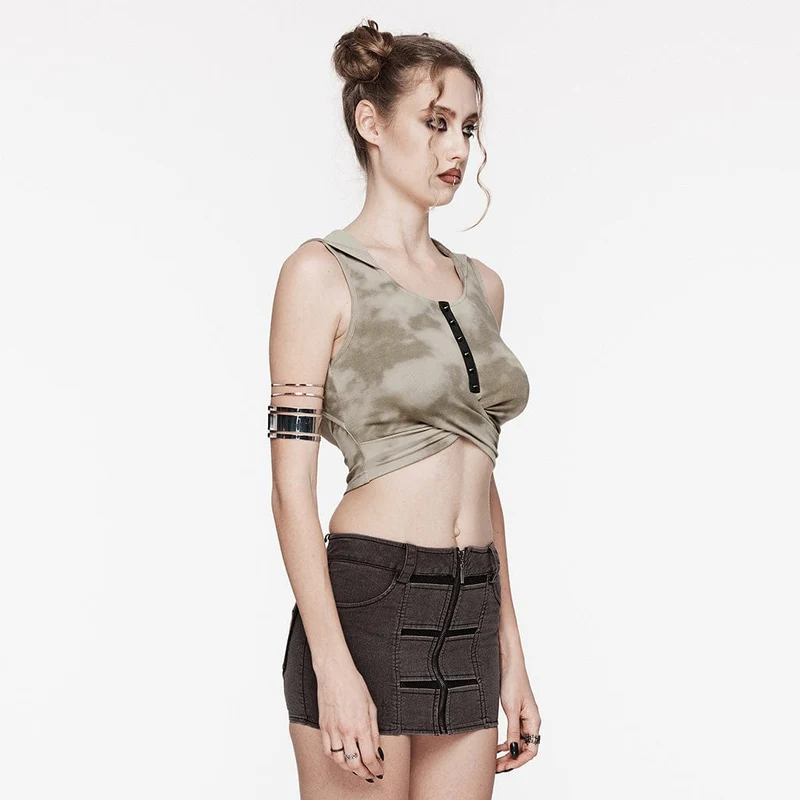 Gekreuztes Batik-Tanktop mit Punk-Ausschnitt und Kapuze für Damen