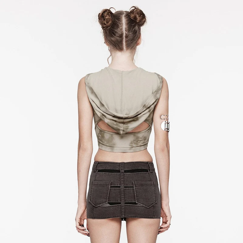 Gekreuztes Batik-Tanktop mit Punk-Ausschnitt und Kapuze für Damen