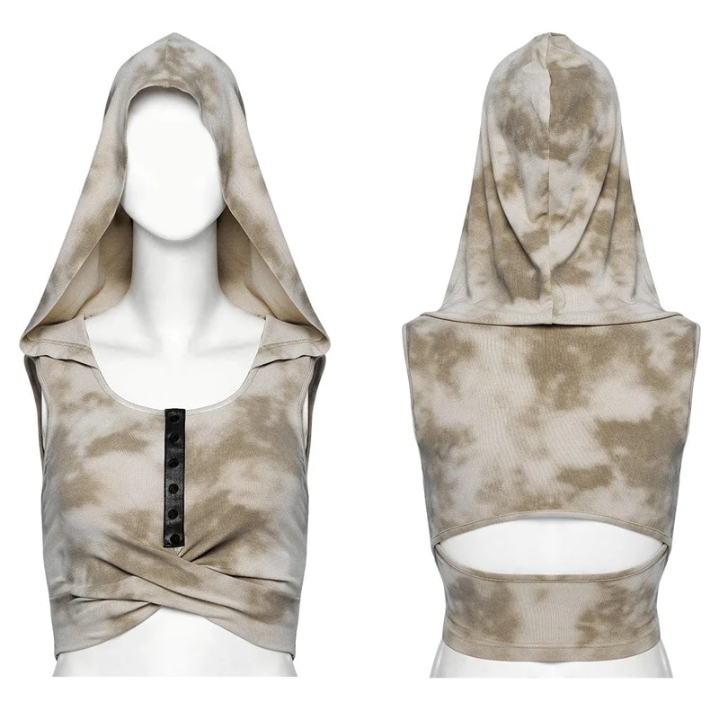 Gekreuztes Batik-Tanktop mit Punk-Ausschnitt und Kapuze für Damen