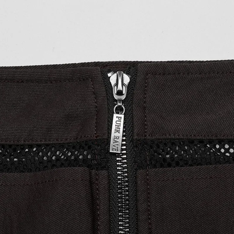 Punk-Mesh-Splice-Reißverschlussrock für Damen in Kaffeebraun
