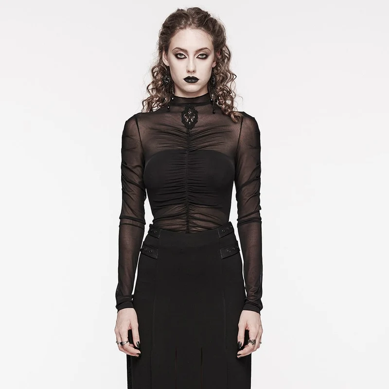 Damen-Hemd aus gerafftem Netzstoff mit Gothic-Blumenstickerei