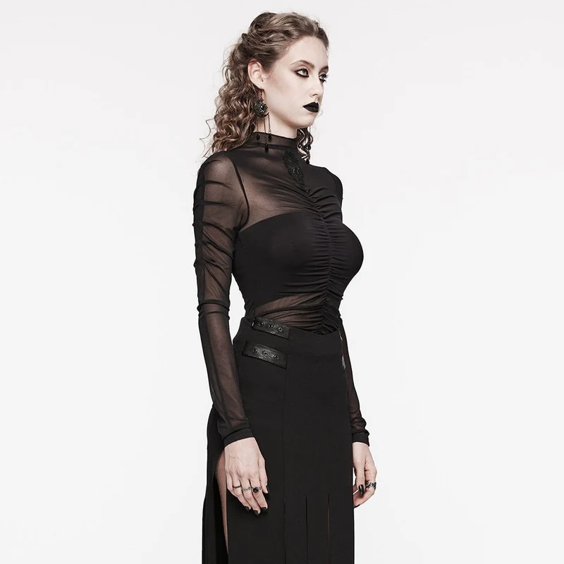 Damen-Hemd aus gerafftem Netzstoff mit Gothic-Blumenstickerei