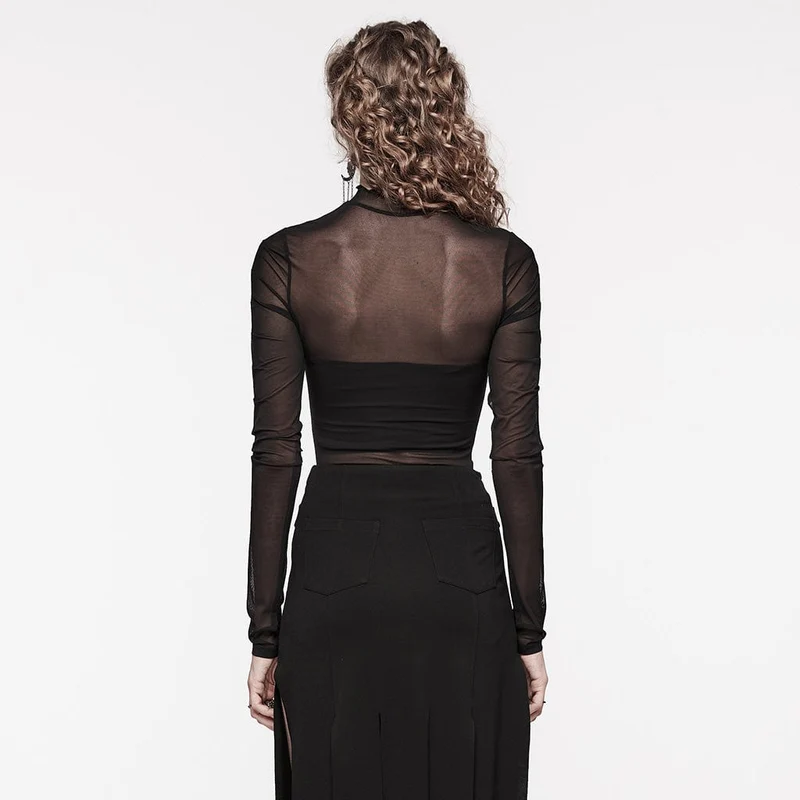 Damen-Hemd aus gerafftem Netzstoff mit Gothic-Blumenstickerei