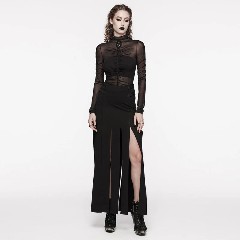 Damen-Hemd aus gerafftem Netzstoff mit Gothic-Blumenstickerei