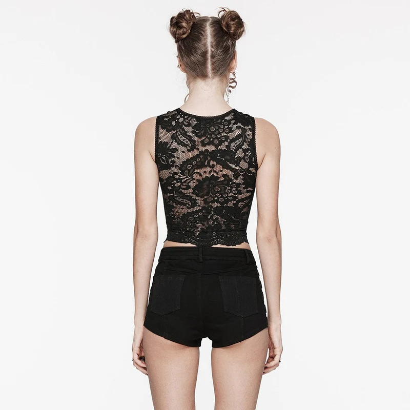 Damen-Tanktop aus Spitze mit Gothic-Kreuz-Stickerei