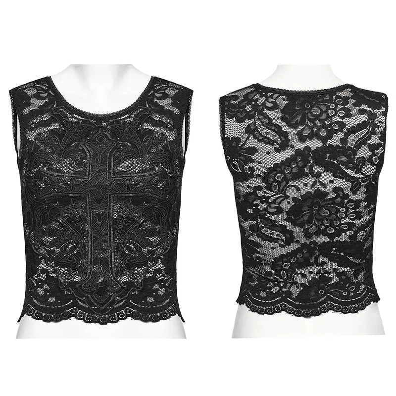 Damen-Tanktop aus Spitze mit Gothic-Kreuz-Stickerei
