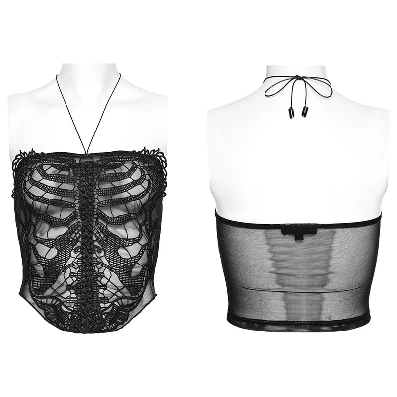 Damen-Bustier aus Netzstoff mit Gothic-Skelett-Stickerei