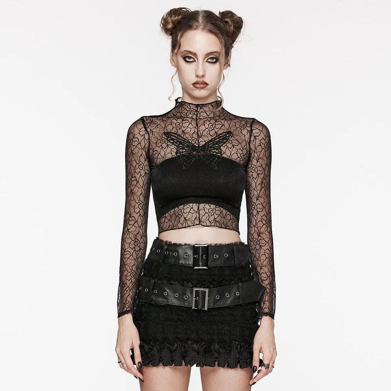 Damen-Gothic-Top aus Netzstoff mit Schmetterlingsstickerei und Blumenmuster