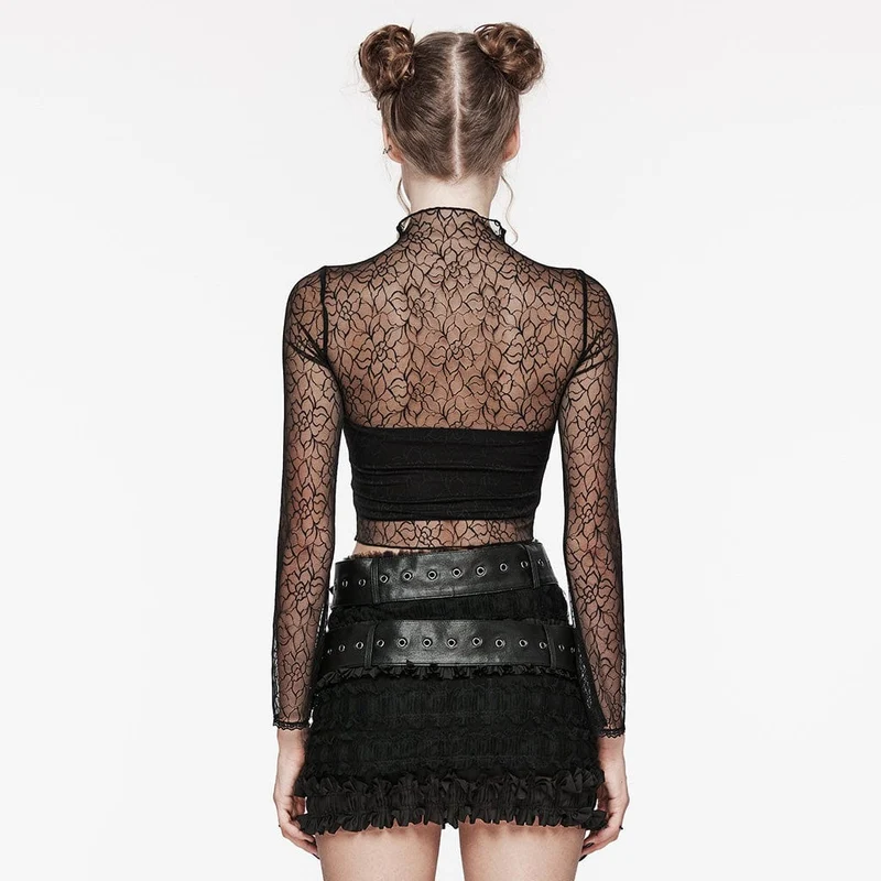 Damen-Gothic-Top aus Netzstoff mit Schmetterlingsstickerei und Blumenmuster