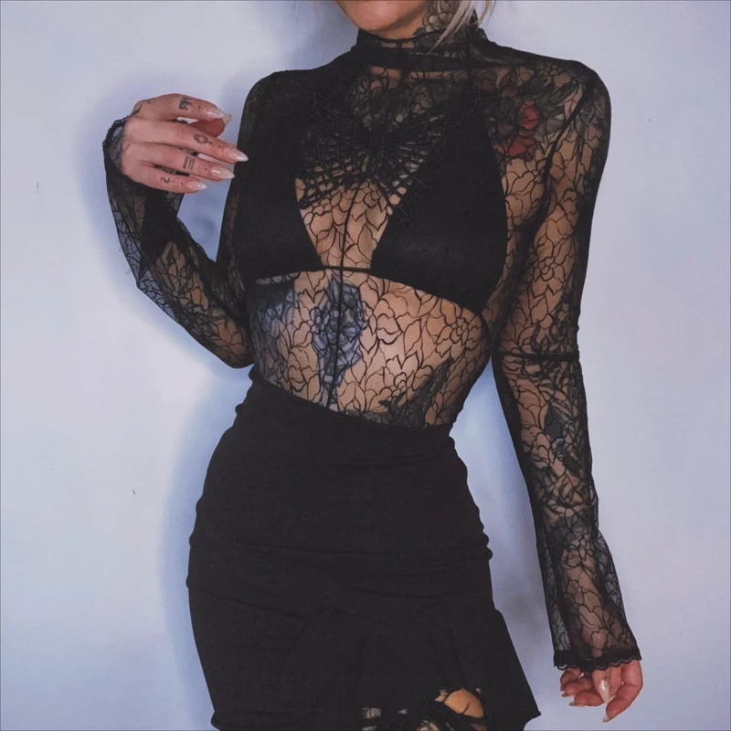 Damen-Gothic-Top aus Netzstoff mit Schmetterlingsstickerei und Blumenmuster