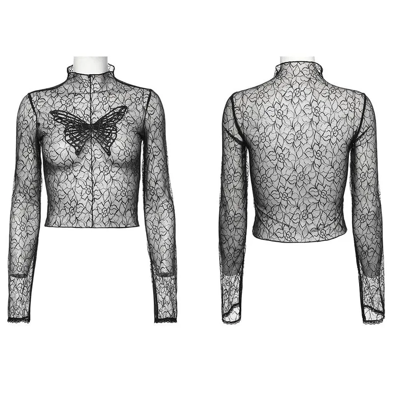 Damen-Gothic-Top aus Netzstoff mit Schmetterlingsstickerei und Blumenmuster