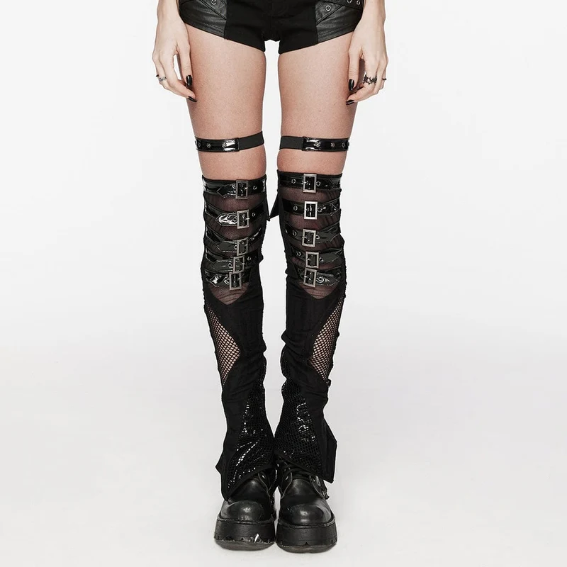 Punk-Beinwärmer mit unregelmäßiger Mesh-Splice-Schnalle und Strumpfband für Damen