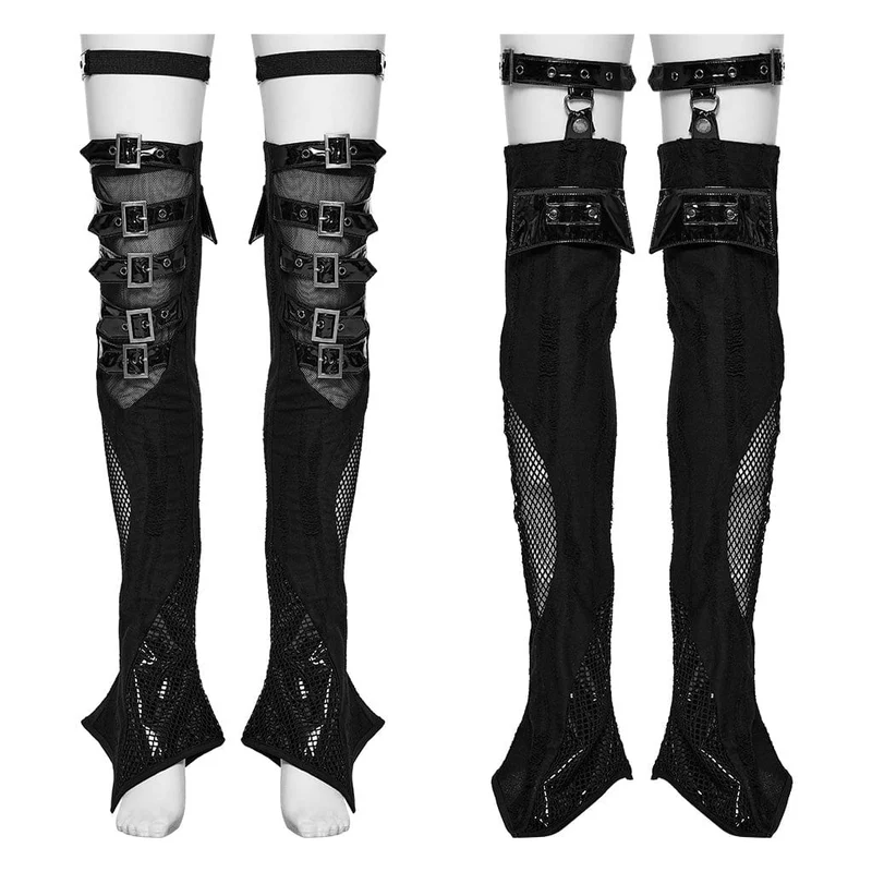 Punk-Beinwärmer mit unregelmäßiger Mesh-Splice-Schnalle und Strumpfband für Damen