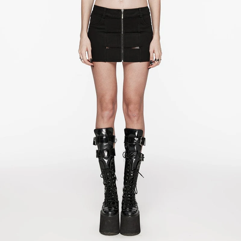 Punk-Mesh-Splice-Reißverschlussrock für Damen in Schwarz