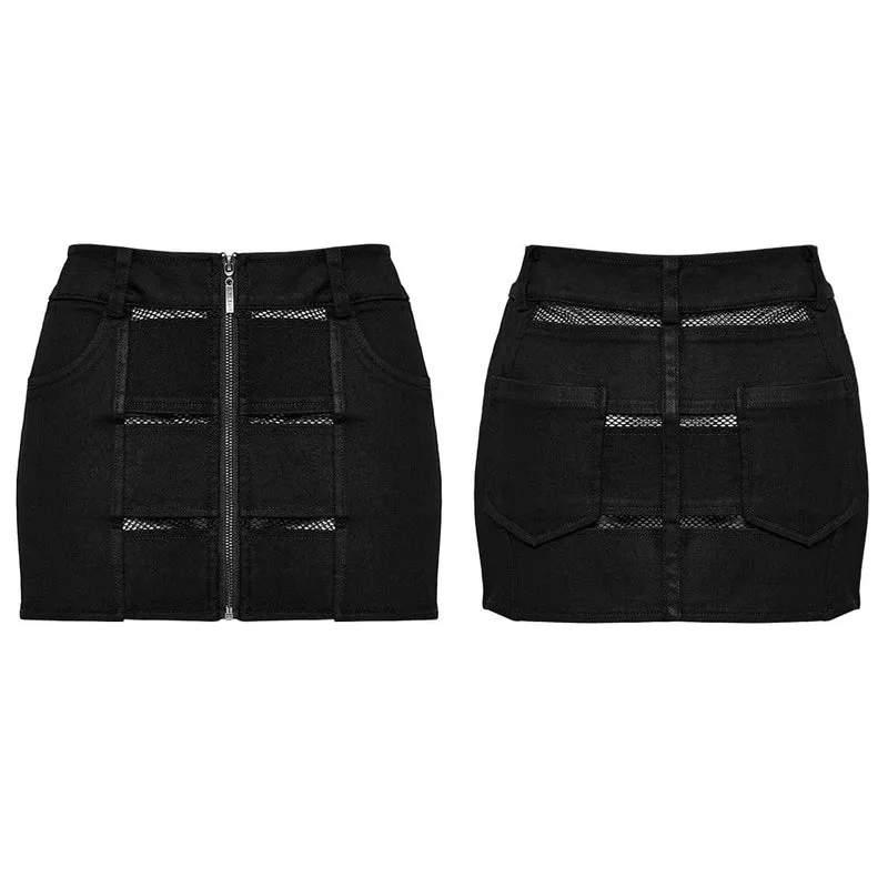 Punk-Mesh-Splice-Reißverschlussrock für Damen in Schwarz