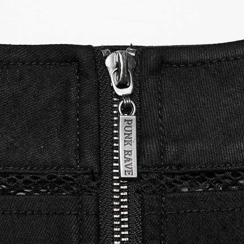 Punk-Mesh-Splice-Reißverschlussrock für Damen in Schwarz