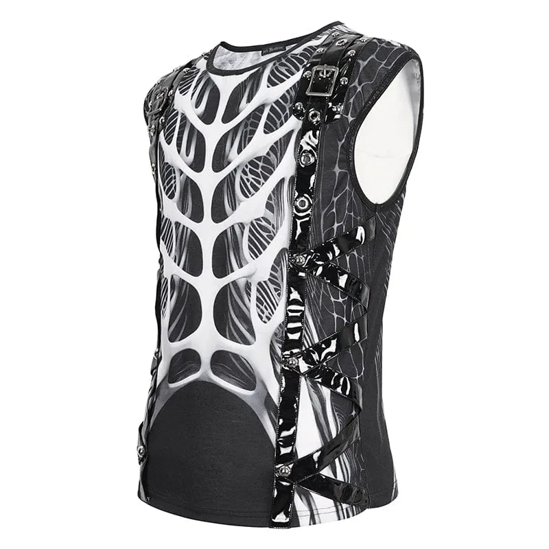 Herren-Punk-Skelett-Lackleder-Splice-Tanktop